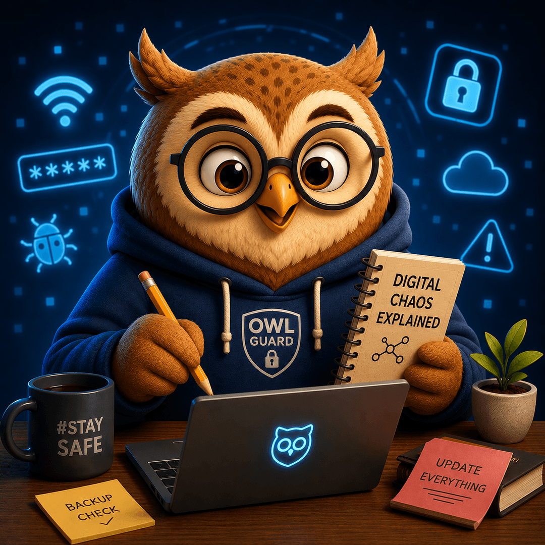 OwlGuard maskot — sova s brýlemi, mugem a notebookem